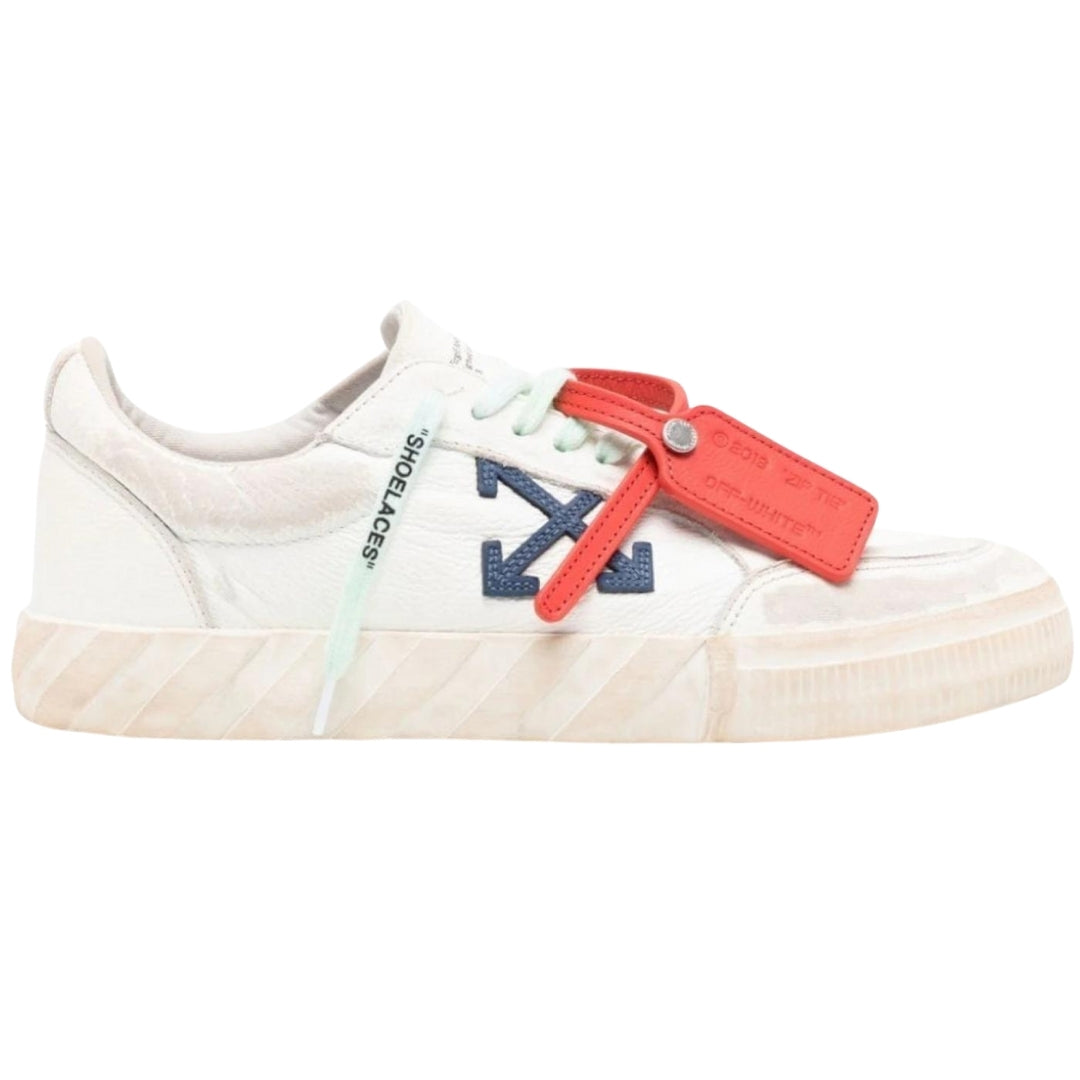 Off White Low Vulcaniized Distressed White Leather Sneakers