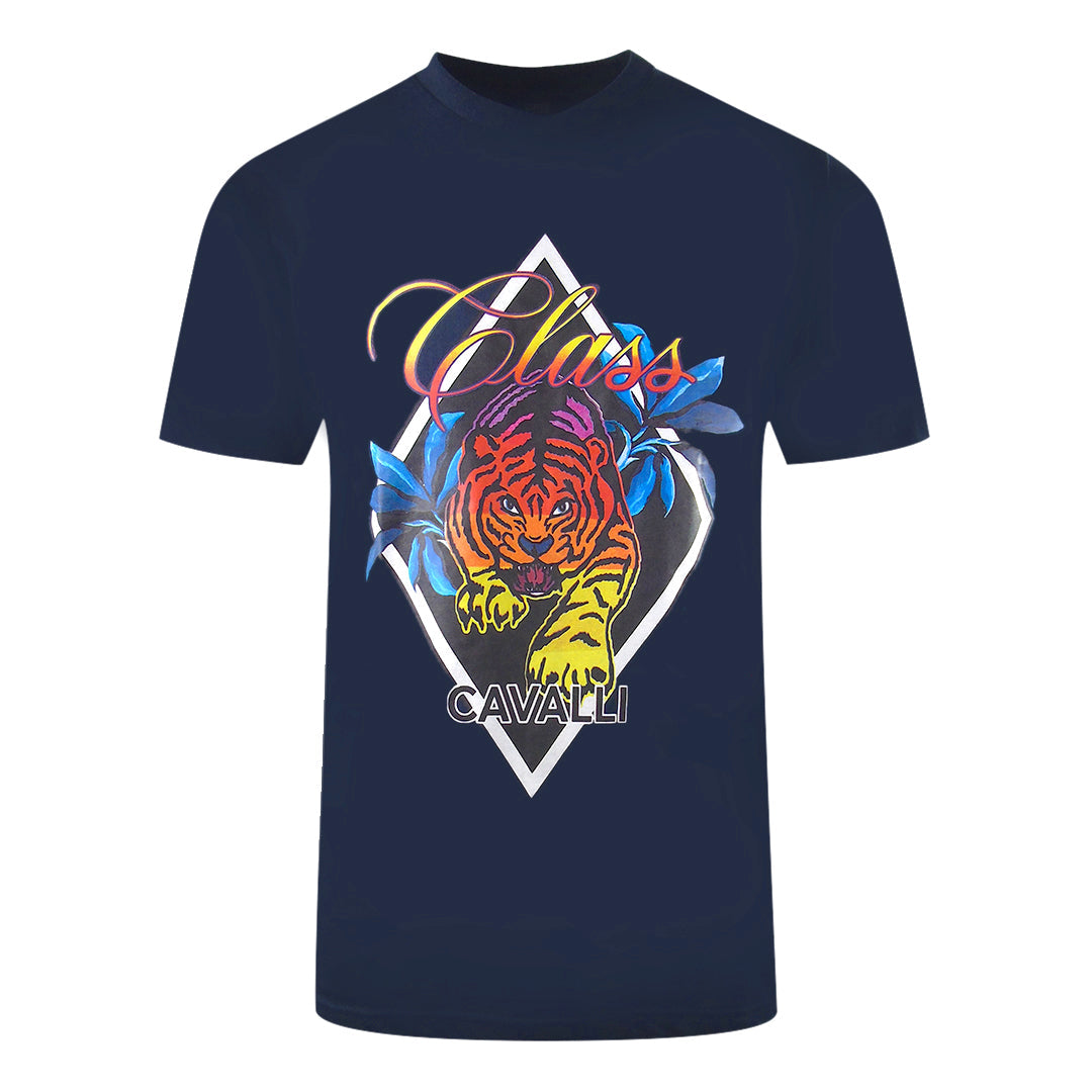 Cavalli Class Diamond Tiger Design Navy Blue T-Shirt