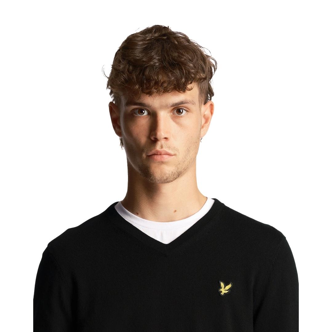 Lyle & Scott Cotton Merino Jet Black V-Neck Jumper