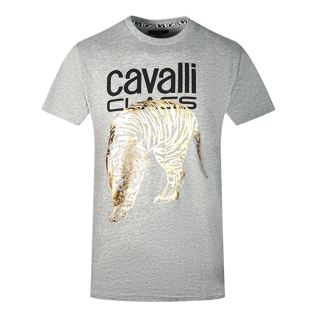 Cavalli Class Large Gold Tiger Stencil Logo Grey T-Shirt