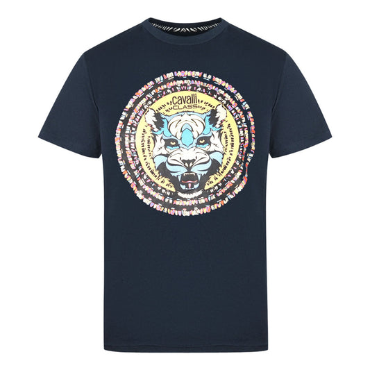 Cavalli Class Circular Wild Cat Logo Navy T-Shirt