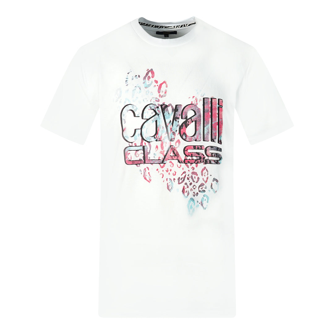 Cavalli Class Bold Leopard Print Logo White T-Shirt