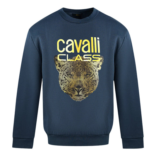 Cavalli Class Leopard Print Logo Navy Blue Jumper